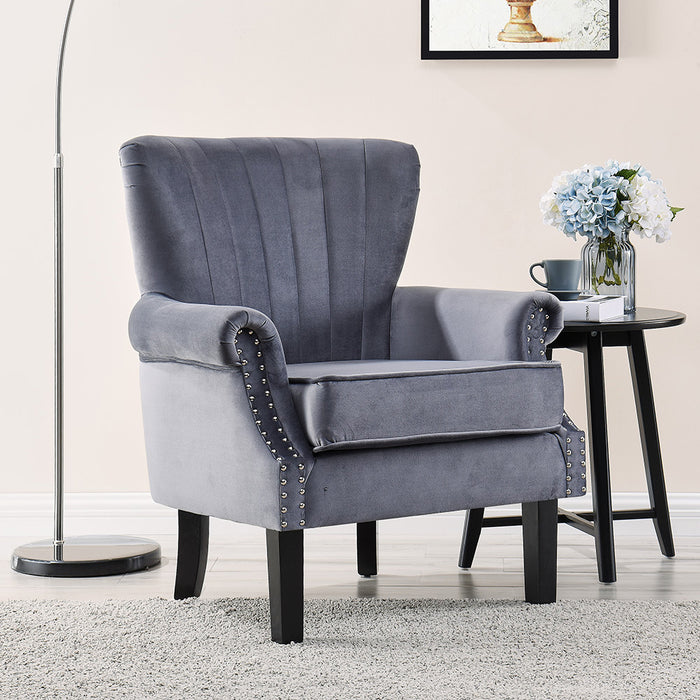 Wing Back Armchair Occasional Accent Chair Studded Design, Velvet- Dark Grey