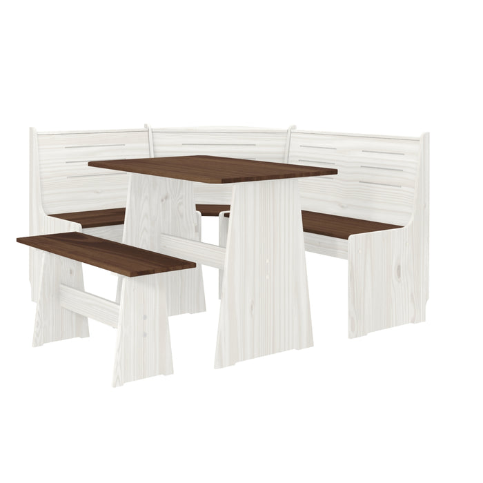 Latham Corner Dining Set Kitchen Table Diner Set L Shaped Diner Trestle Table and Bench, White With Dark Brown Top