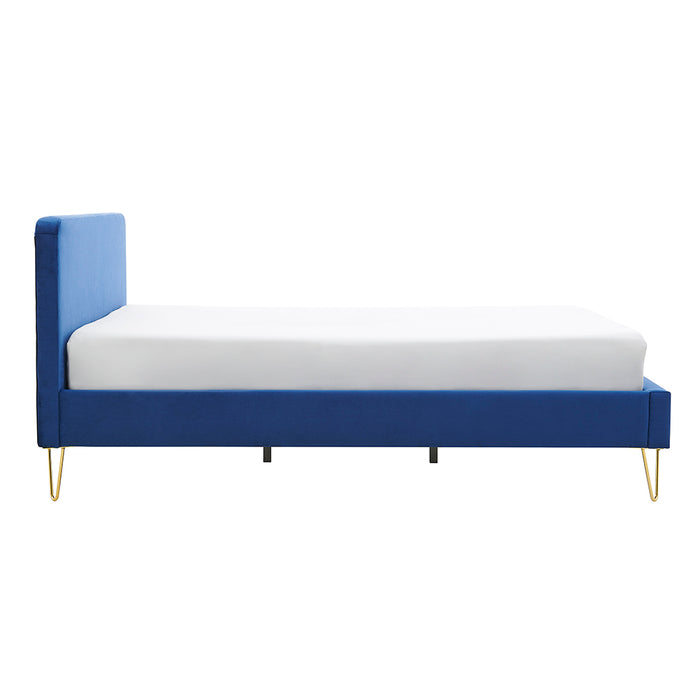 Iris Velvet Upholstered King Bed Frame With Hairpin Legs, Blue