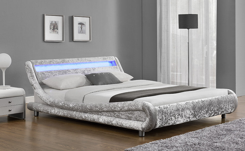 Galaxy Velvet Fabric Double Bed Fame with LED, Silver