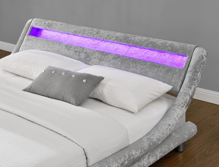 Galaxy Velvet Fabric Double Bed Fame with LED, Silver