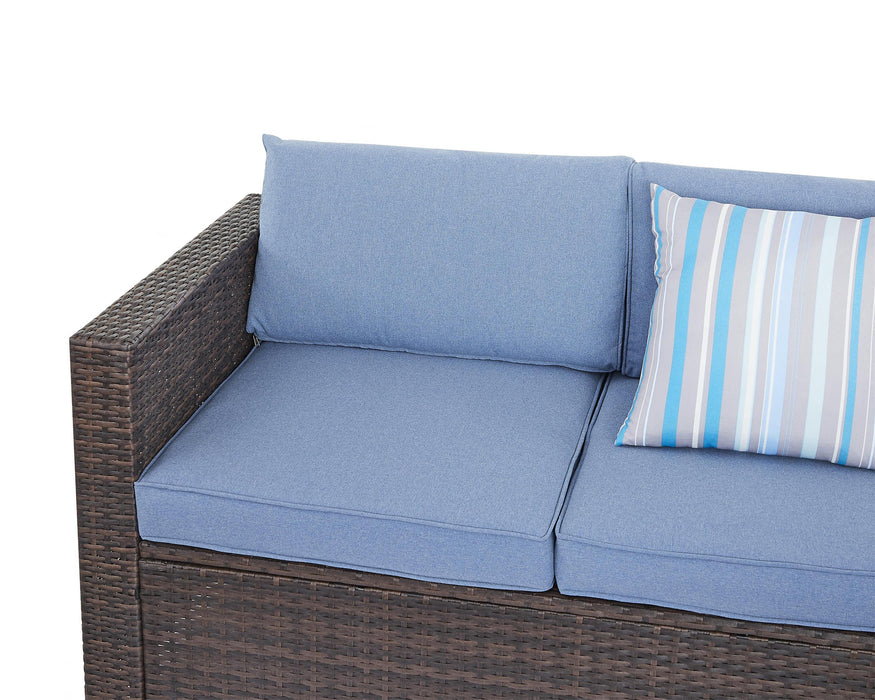Medina Corner Rattan Sofa Garden Set, Brown with Blue Cushions