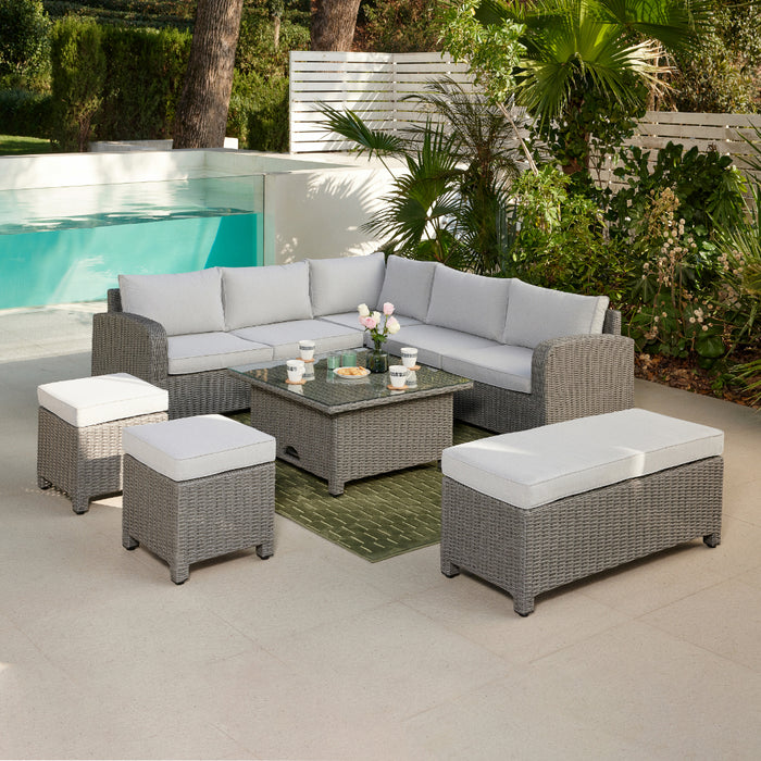 Hadley 5 Seater L-Shape Garden Sofa with Rising Table, Stools & Bench, Grey