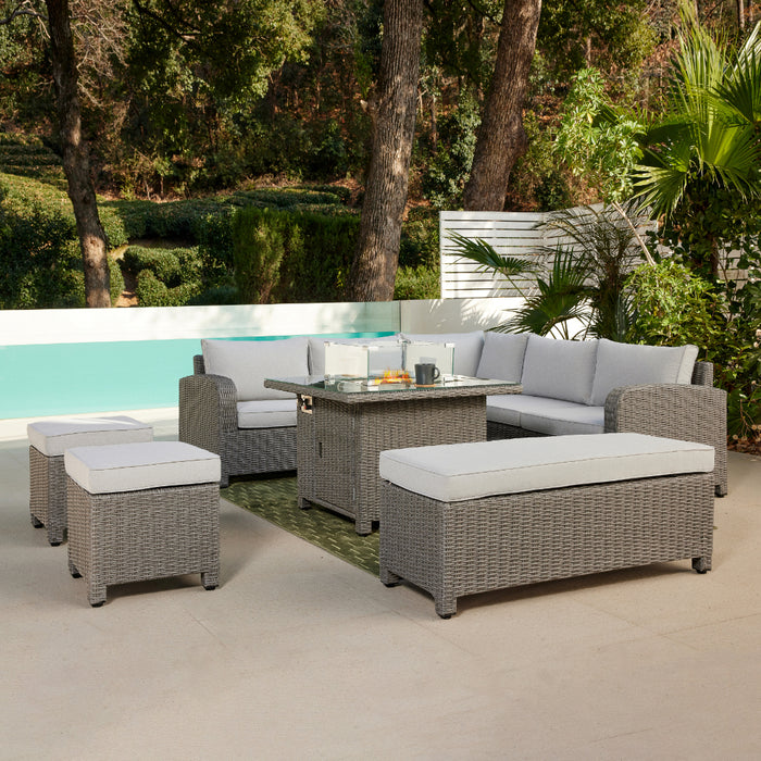 Hadley 5 Seater L-Shape Garden Sofa with Fire Pit Table, Stools & Bench, Grey
