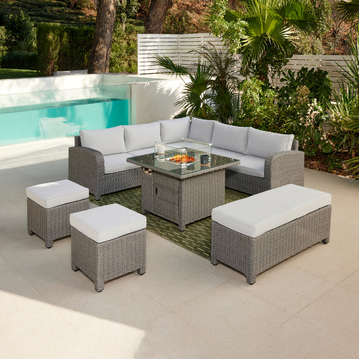 Hadley 5 Seater L-Shape Garden Sofa with Fire Pit Table, Stools & Bench, Grey