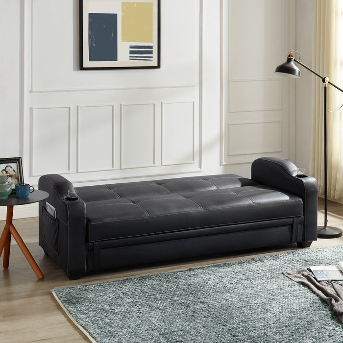 Nebraska Faux Leather Sofa Bed With Storage and Cupholders, Black Faux Leather