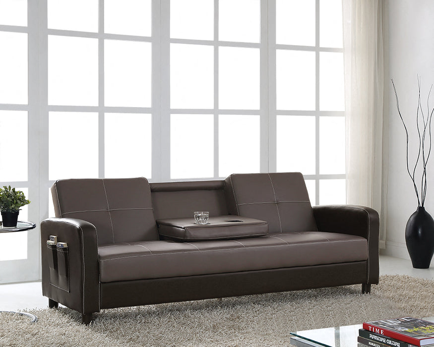 Tampa Sofa Bed, Contrast Stitching, Cupholder Tray, Brown & Ash Grey Faux Leather