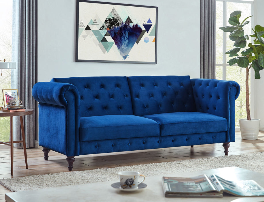Calgary Velvet Sofa Bed Chesterfield Design, Dark Blue Velvet