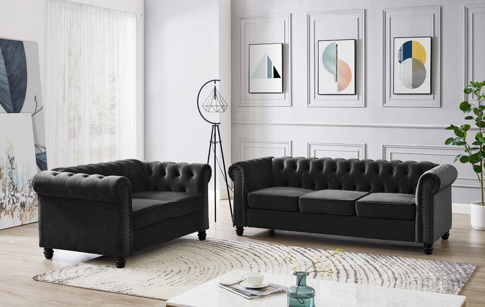 Chesterfield Velvet Fabric 3 Seater Sofa, Black