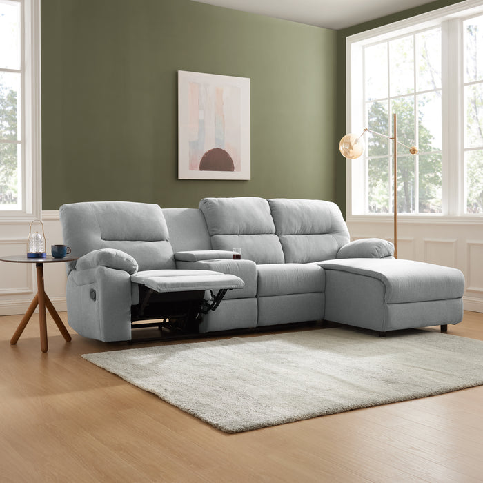 Jacob 3 Seater Manual Recliner Sofa With Right Hand Chaise and Centre Console, Light Grey Linen Fabric