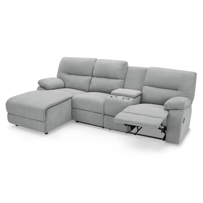 Jacob 3 Seater Manual Recliner Sofa With Left Hand Chaise and Centre Console, Light Grey Linen Fabric