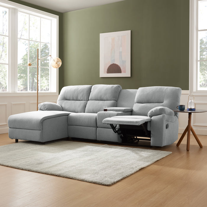 Jacob 3 Seater Manual Recliner Sofa With Left Hand Chaise and Centre Console, Light Grey Linen Fabric