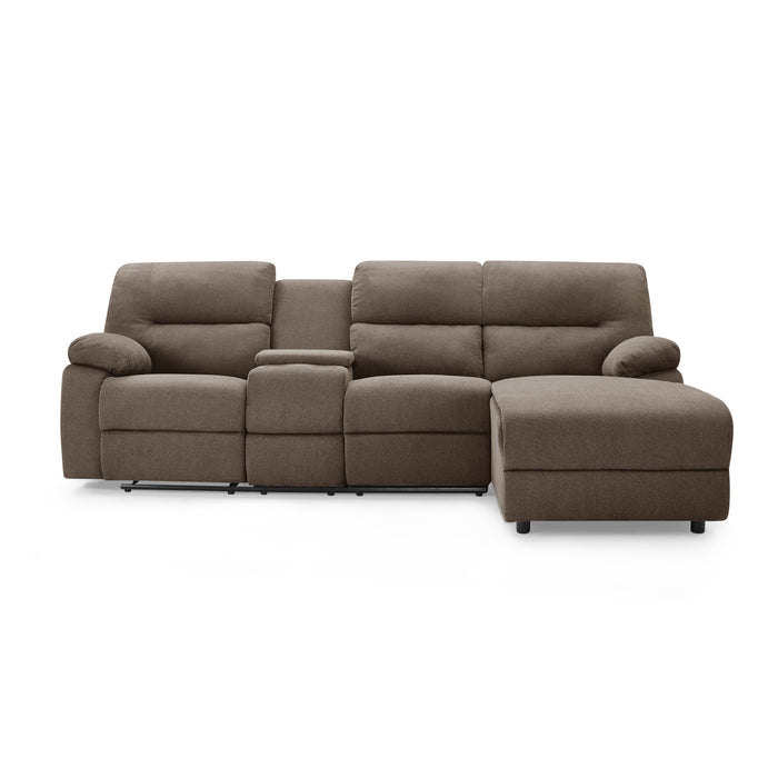 Jacob 3 Seater Manual Recliner Sofa With Right Hand Chaise and Centre Console, Brown Linen Fabric