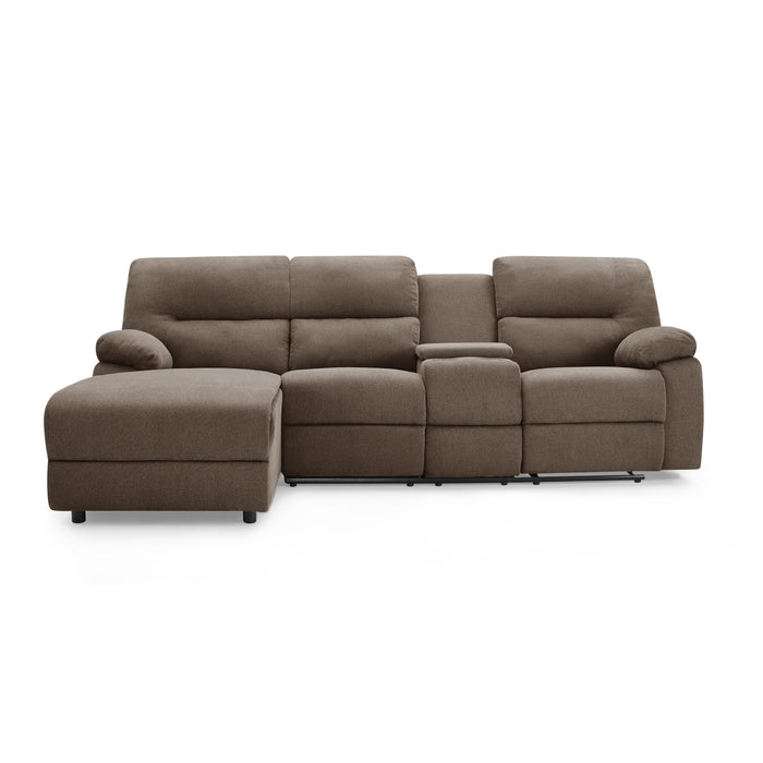 Jacob 3 Seater Manual Recliner Sofa With Left Hand Chaise and Centre Console, Brown Linen Fabric