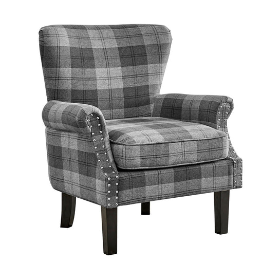 Wing Back Armchair Occasional Accent Chair Studded Design, Tartan Fabric- Grey