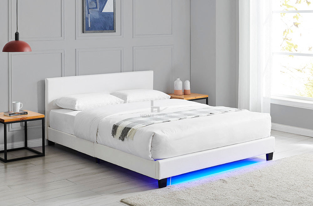 Lopez LED Leather Double Bed Frame, White