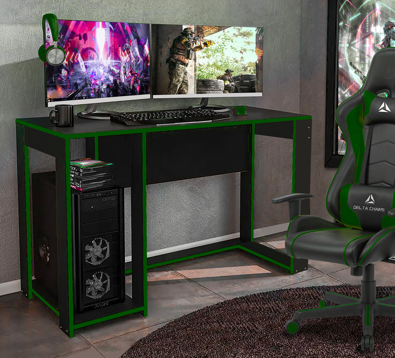 Ryker Gaming Desk Table, Black With Green Trim