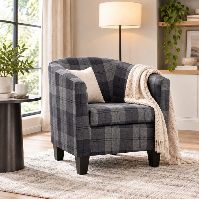Canberra Accent Tub Chair, Grey Tartan Fabric