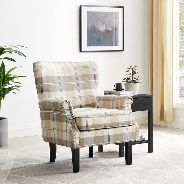 Wing Back Armchair Occasional Accent Chair Studded Design, Tartan Fabric- Beige
