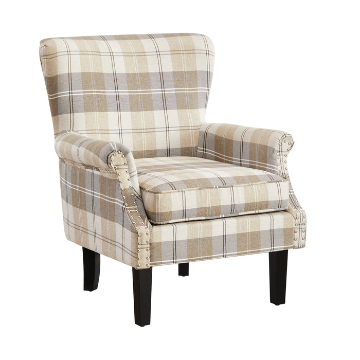 Wing Back Armchair Occasional Accent Chair Studded Design, Tartan Fabric- Beige