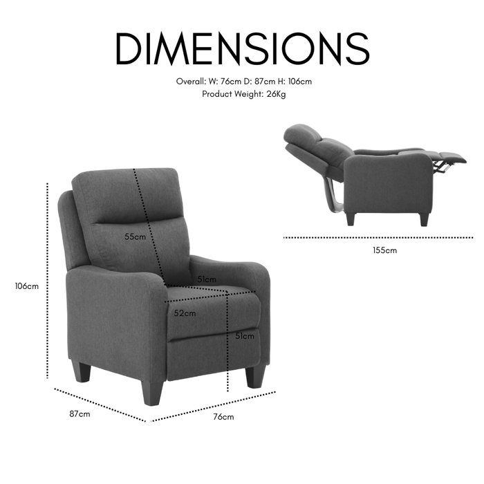 Lennox High Back Recliner Armchair Dark Grey Fabric Sofa