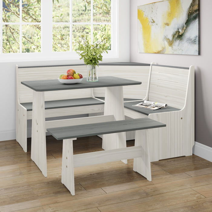 Latham Corner Dining Set Kitchen Table Diner Set L Shaped Diner Trestle Table and Bench, White With Dark Grey Top