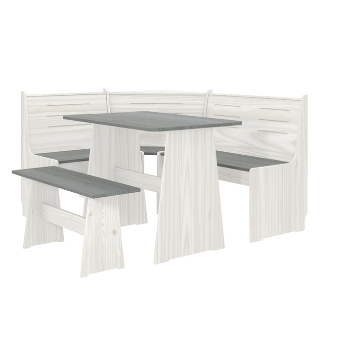 Latham Corner Dining Set Kitchen Table Diner Set L Shaped Diner Trestle Table and Bench, White With Dark Grey Top