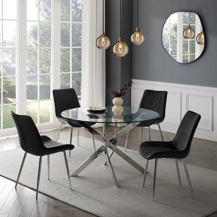 Livorno Silver Leg Glass Dining Table & 4 Almeria Chairs, Black with Silver Legs