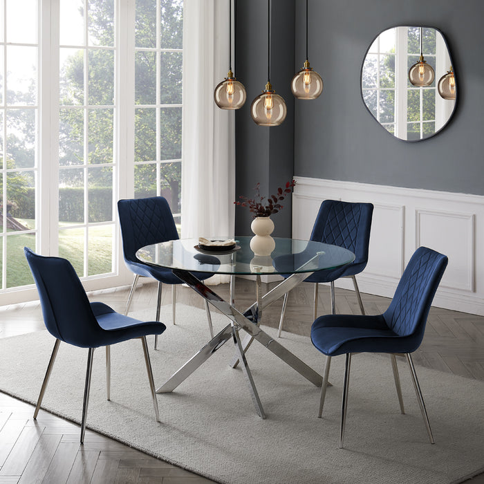 Livorno Silver Leg Glass Dining Table & 4 Almeria Chairs, Blue