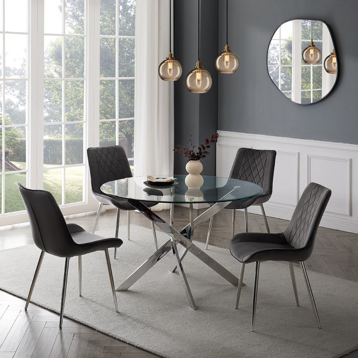 Livorno Silver Leg Glass Dining Table & 4 Almeria Chairs, Grey