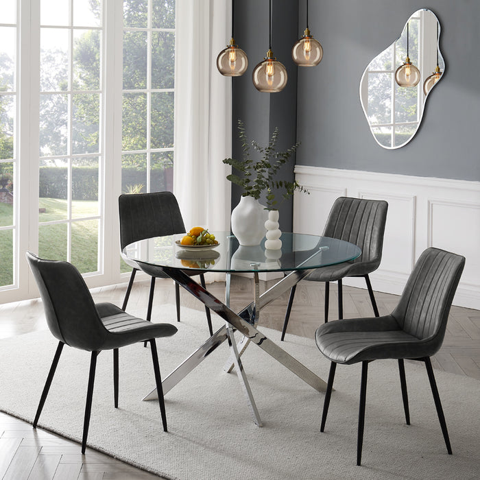 Livorno Silver Leg Glass Dining Table & 4 Girona Chairs, Grey Velvet