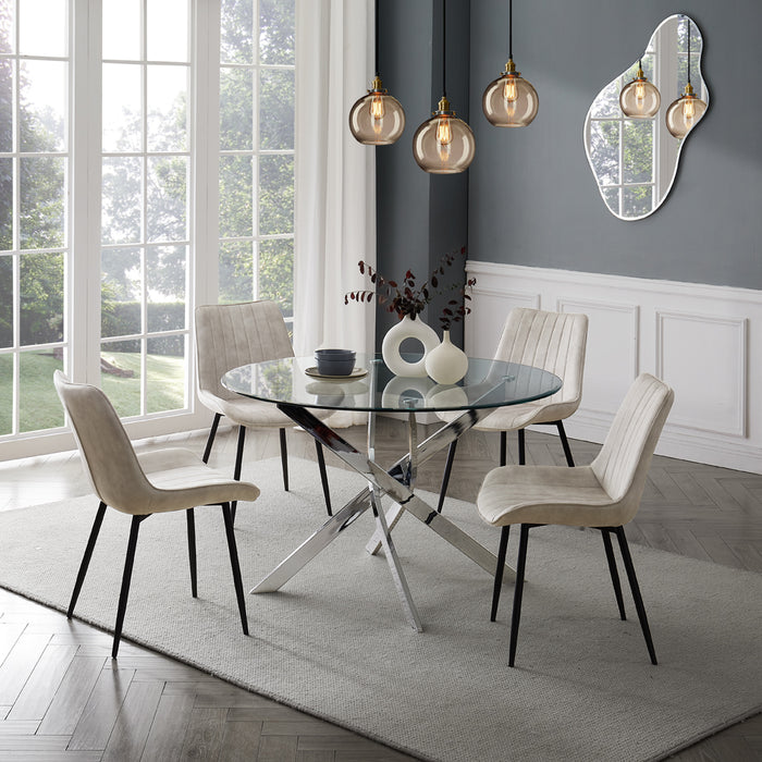 Livorno Silver Leg Glass Dining Table & 4 Girona Chairs, Cream Velvet