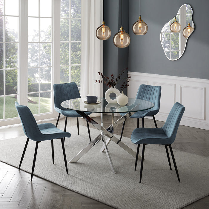 Livorno Silver Leg Glass Dining Table & 4 Girona Chairs, Blue Velvet