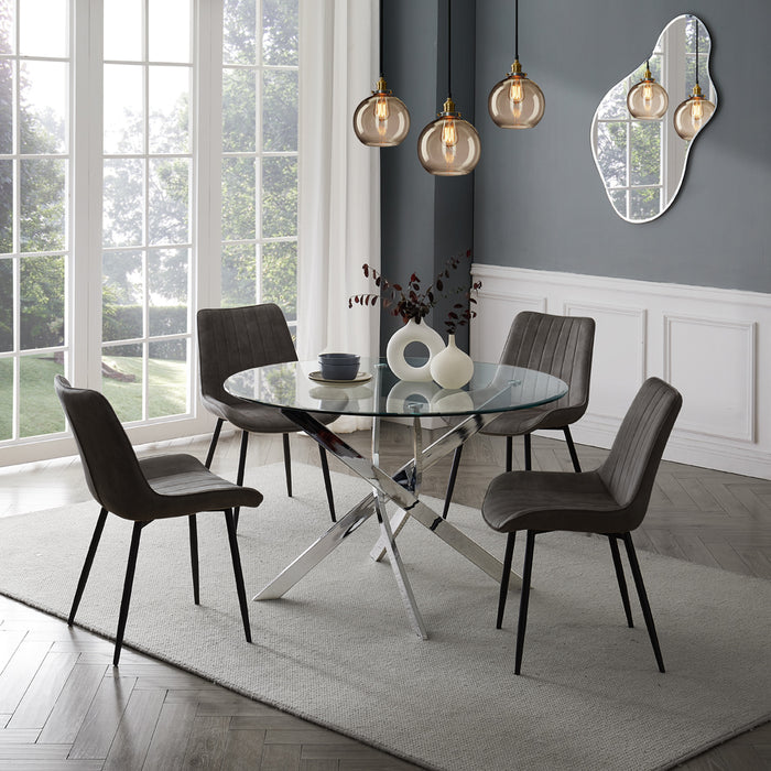 Livorno Silver Leg Glass Dining Table & 4 Girona Chairs, Grey Faux Leather