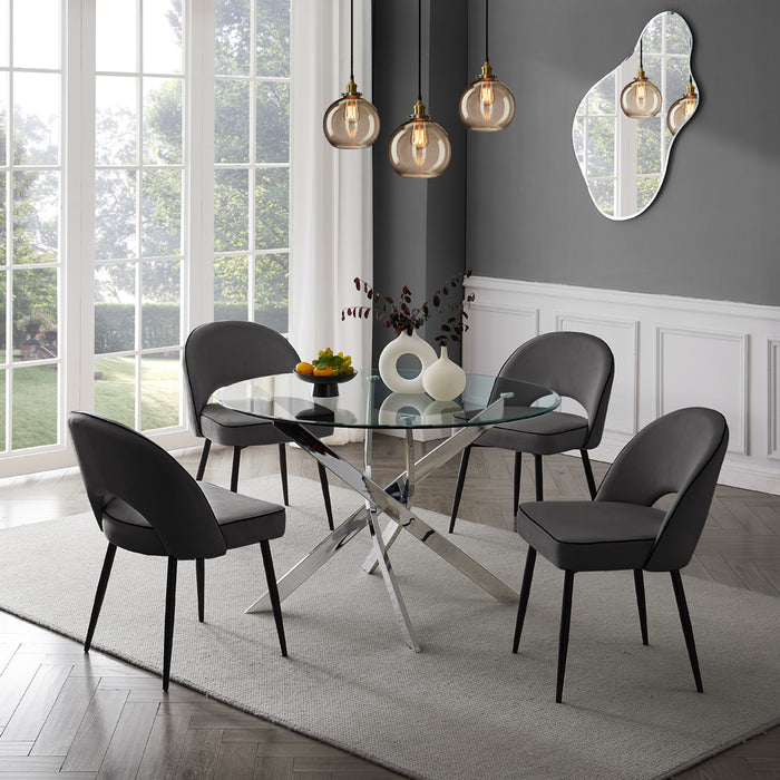 Livorno Silver Leg Glass Dining Table & 4 Tiago Chairs, Grey Velvet