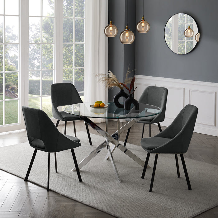 Livorno Silver Leg Glass Dining Table & 4 Bilbao Chairs, Dark Grey Fabric