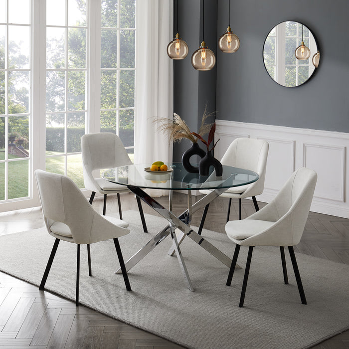 Livorno Silver Leg Glass Dining Table & 4 Bilbao Chairs, Ivory Fabric