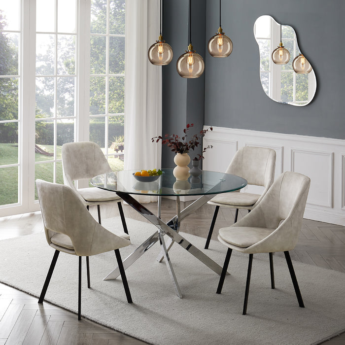 Livorno Silver Leg Glass Dining Table & 4 Bilbao Chairs, Cream Velvet