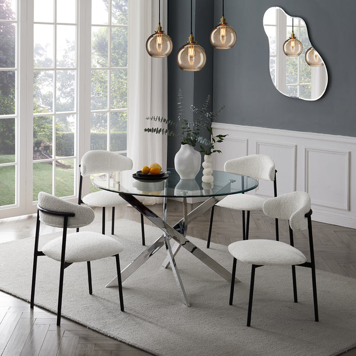 Livorno Silver Leg Glass Dining Table & 4 Elda Chairs, White Boucle