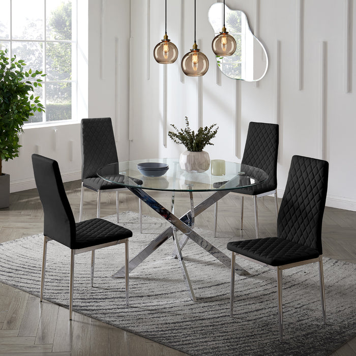 Livorno Silver Leg Glass Dining Table & 4 Sierra Chairs, Black Chair with Silver Legs