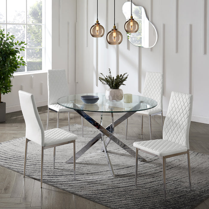 Livorno Silver Leg Glass Dining Table & 4 Sierra Chairs, White Chair with Silver Legs