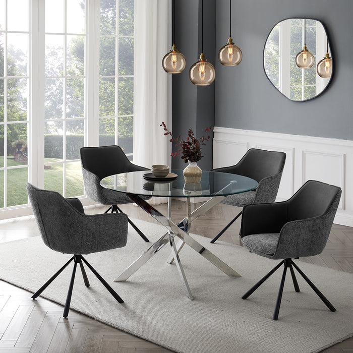 Livorno Silver Leg Glass Dining Table & 4 Porto Chairs, Grey Two Tone Fabric