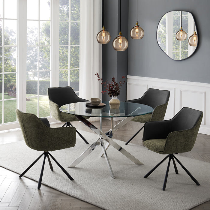 Livorno Silver Leg Glass Dining Table & 4 Porto Chairs, Grey/Green Two Tone Fabric