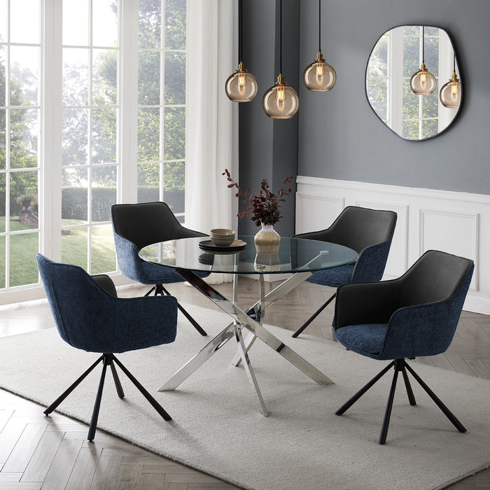 Livorno Silver Leg Glass Dining Table & 4 Porto Chairs, Grey/Blue Two Tone Fabric