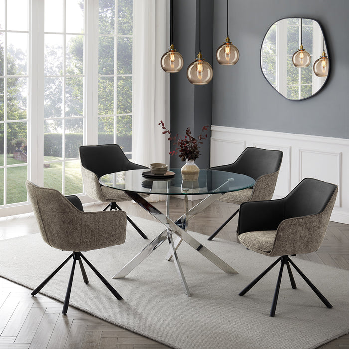 Livorno Silver Leg Glass Dining Table & 4 Porto Chairs, Grey/Beige Two Tone Fabric