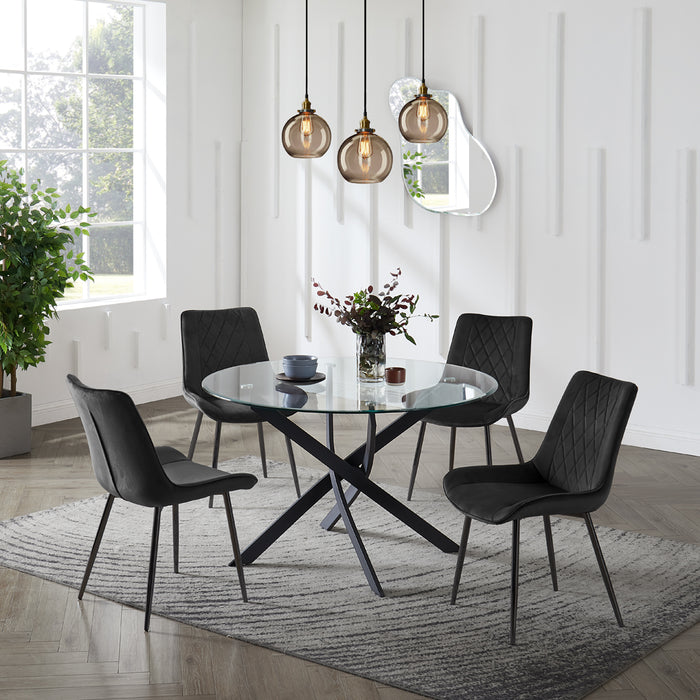 Livorno Black Leg Glass Dining Table & 4 Almeria Chairs, Black with Black Legs