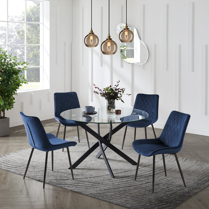 Livorno Black Leg Glass Dining Table & 4 Almeria Chairs, Blue Chair