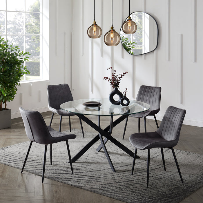 Livorno Black Leg Glass Dining Table & 4 Girona Chairs, Grey Velvet