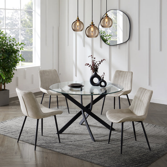 Livorno Black Leg Glass Dining Table & 4 Girona Chairs, Cream Velvet