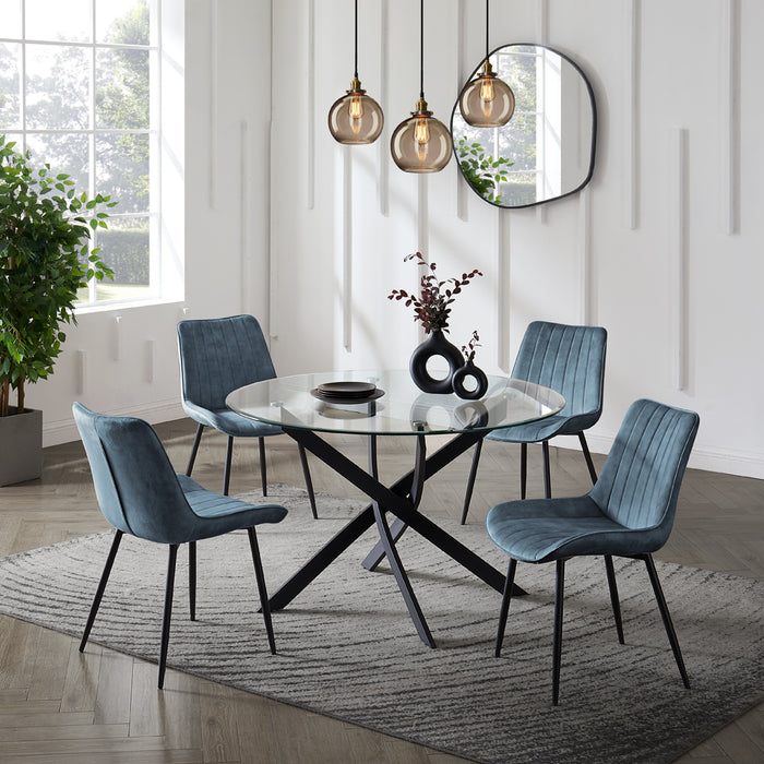 Livorno Black Leg Glass Dining Table & 4 Girona Chairs, Blue Velvet